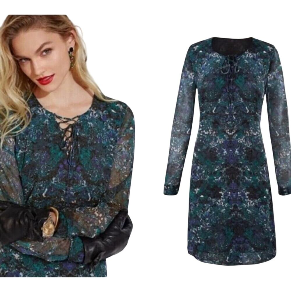 Cabi Women’s Noel dress blue green long sleeve Small